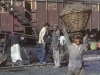 Coal being unloaded from covered vans at Agra Idgah shed on 13 December 1980.  The young man in the foreground is on his way to tip the contents of the basket into the tender of an engine.