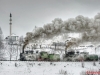 Bosnien: Die klassische Fotostelle, mit Schnee: Doppeltraktion der beiden letzten betriebsfähigen 83’er, 83-158 und 83-159 vor der Moschee (22.2.2013) -  Foto: Michael Schneeberger