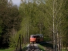 Südböhmen 3: Zwischen den Bahnhöfen Kunžak-Lomy und Blažejov bietet sich dieser reizvolle Blick auf die im Wald leigende S-Kurve. Am Abend des 25.4.2014 wird sie von T47 011 mit ihrem Ein-Wagen-Zug durchfahren.