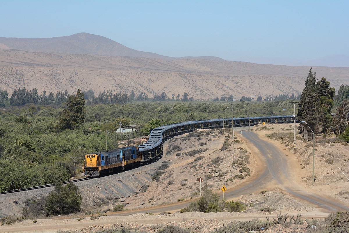 Chilereise: Dann haben 424/410 (nach Wendefahrt in Vallenar) den Zug übernommen und bringen ihn zum Hafen Huasco. Hier gibt es noch Bäume...