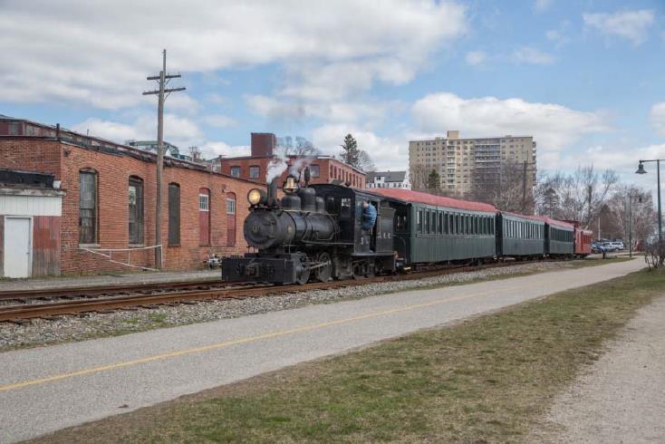 Monson 3 in steam along the Portland, Maine waterfront. April 21, 2018
